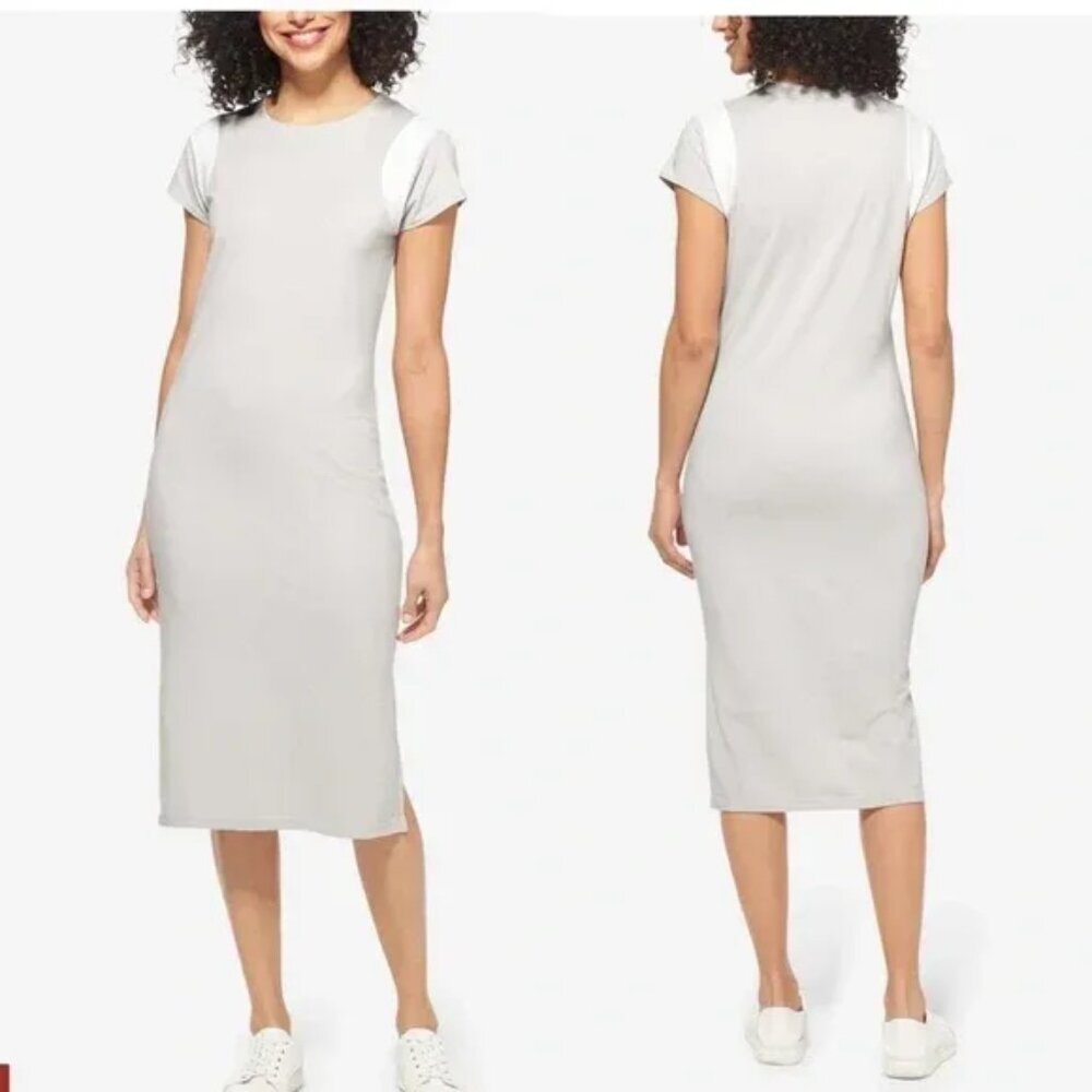 Tommy John Second Skin Beige & White Midi Dress M Cap Sleeves Stretch Minimalist